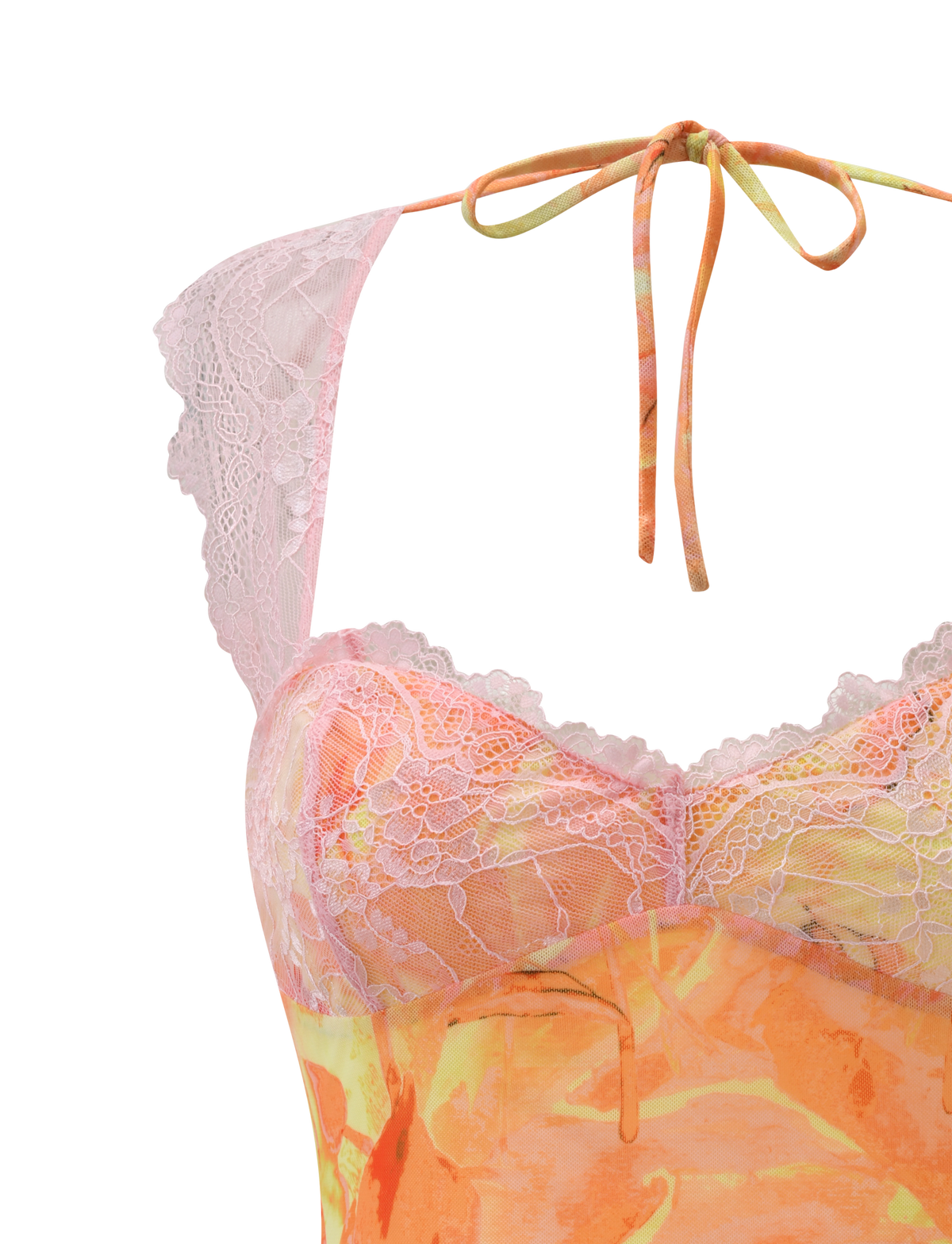 Close-up of the TIGERMIST DUNE MESH TOP - CREAMSICLE, showcasing a sleeveless design with pink floral lace on the neckline and shoulders, a halter tie-up strap, and a vibrant orange-yellow abstract pattern.
