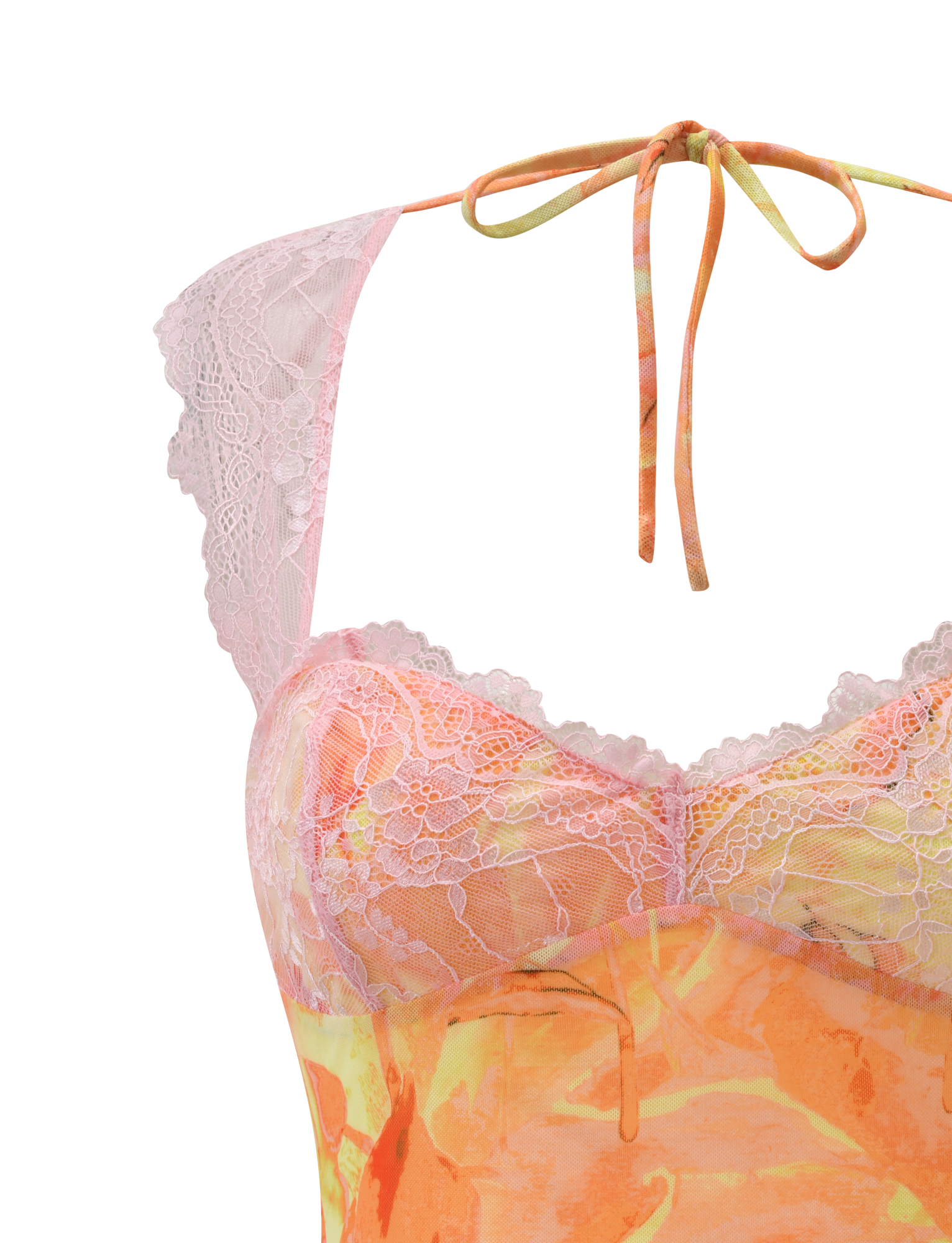 Close-up of the TIGERMIST DUNE MESH TOP - CREAMSICLE, showcasing a sleeveless design with pink floral lace on the neckline and shoulders, a halter tie-up strap, and a vibrant orange-yellow abstract pattern.