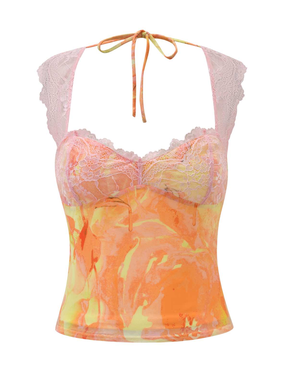 The DUNE MESH TOP - CREAMSICLE by TIGERMIST is a sleeveless halter featuring a sweetheart neckline, pink lace trim and straps, with a marbled orange, yellow, and pink pattern and delicate lace along the neckline and shoulders.