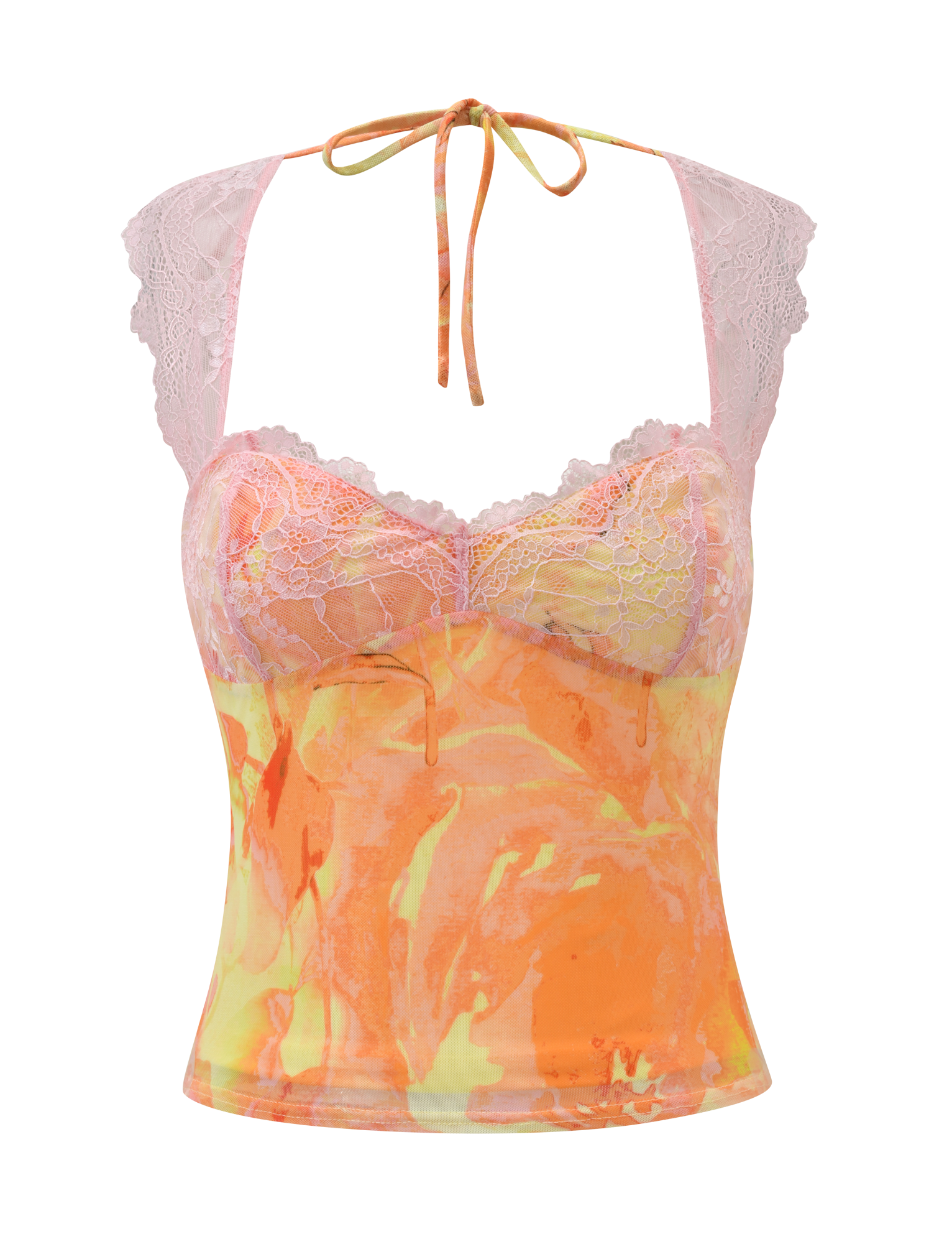 The DUNE MESH TOP - CREAMSICLE by TIGERMIST is a sleeveless halter featuring a sweetheart neckline, pink lace trim and straps, with a marbled orange, yellow, and pink pattern and delicate lace along the neckline and shoulders.