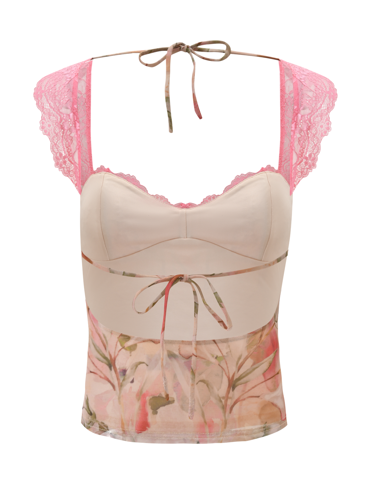 The TIGERMIST DUNE TOP - WATERCOLOUR FLORAL is a sleeveless, light pink lace top with cap sleeves, sheer panels, adjustable tie back, and delicate neck tie, shown against a white background.