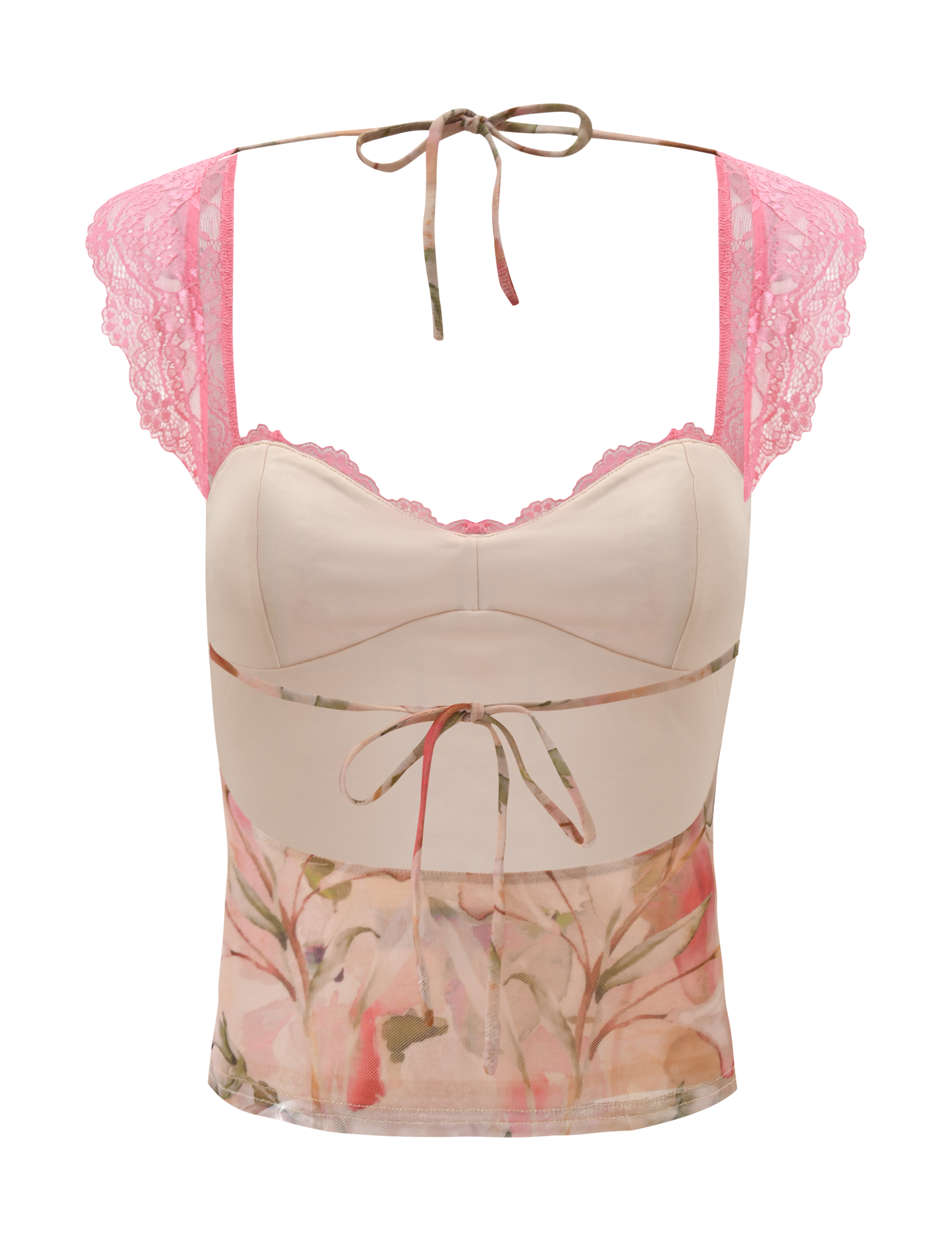 The TIGERMIST DUNE TOP - WATERCOLOUR FLORAL is a sleeveless, light pink lace top with cap sleeves, sheer panels, adjustable tie back, and delicate neck tie, shown against a white background.