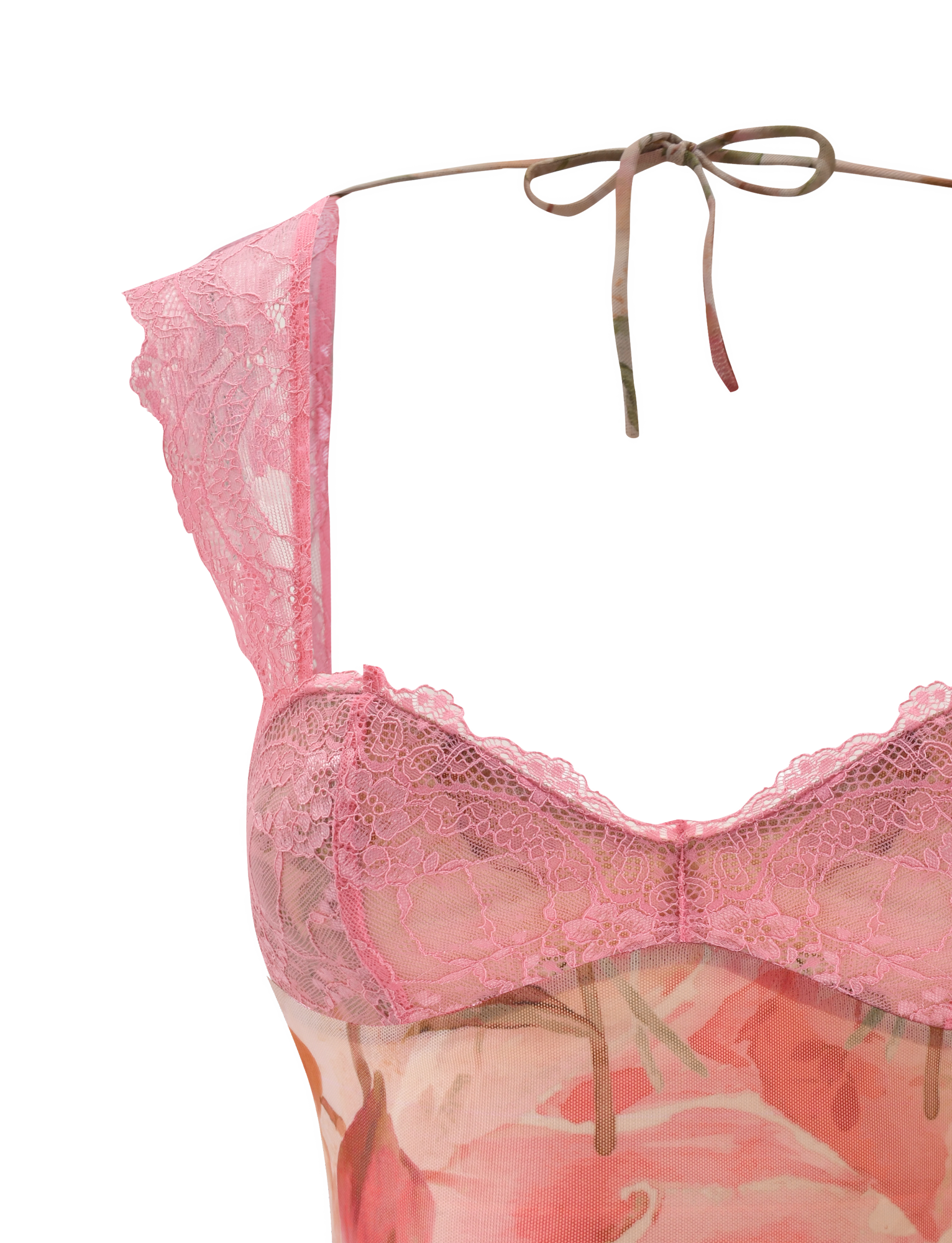 A close-up of the TIGERMIST DUNE TOP - WATERCOLOUR FLORAL, featuring a pink lace-trimmed sheer design with cap sleeves and an adjustable tie back, displayed on a white background.