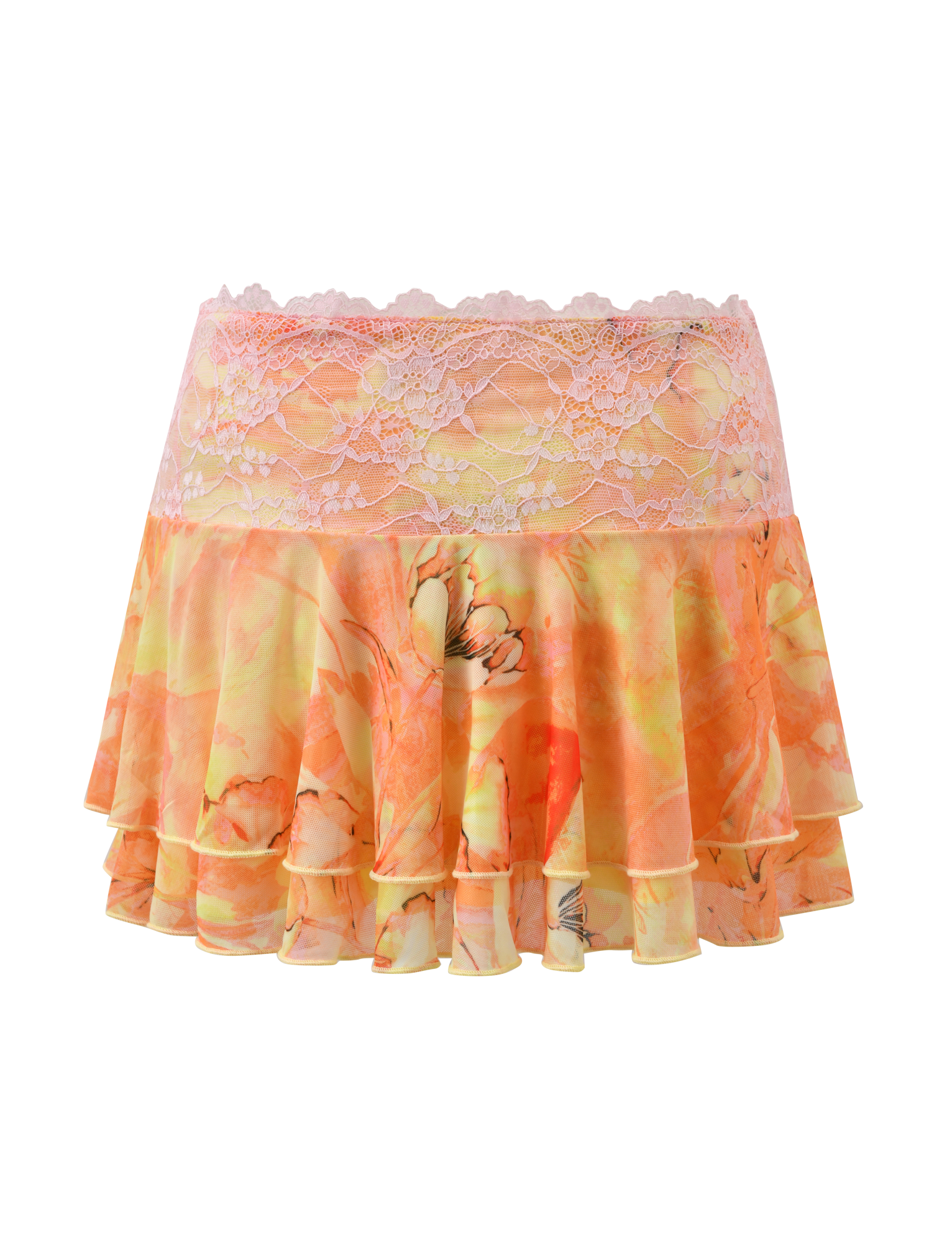 The TIGERMIST DUNE MESH SKIRT - CREAMSICLE is a watercolour floral mini skirt with orange and yellow blooms, a pink lace waistband, and playful tiered ruffles, shown on a white background.
