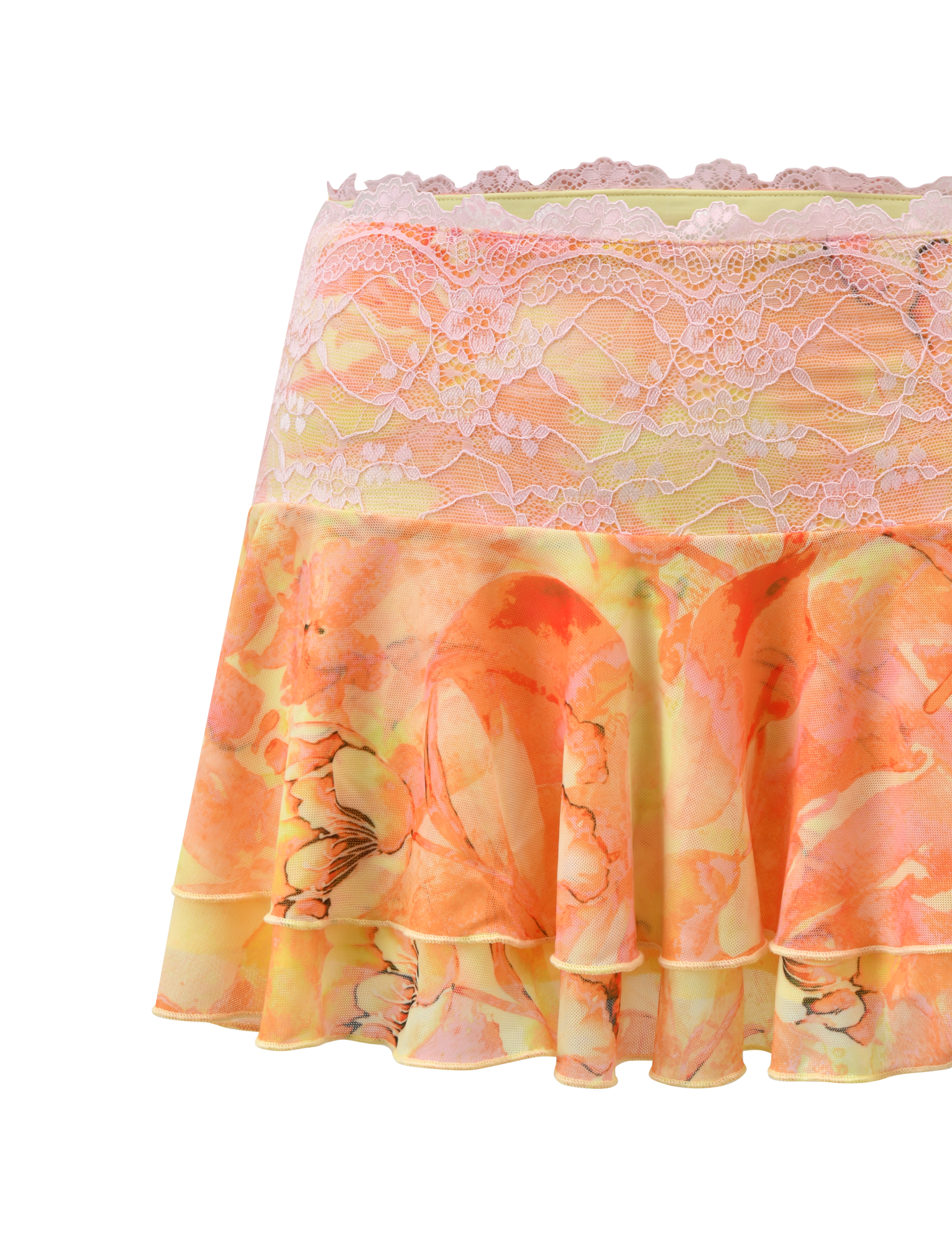 The DUNE MESH SKIRT - CREAMSICLE by TIGERMIST is a lightweight, watercolor floral mini skirt with a pink lace waistband and tiered orange-yellow ruffles, adding playful movement to your warm-weather style.
