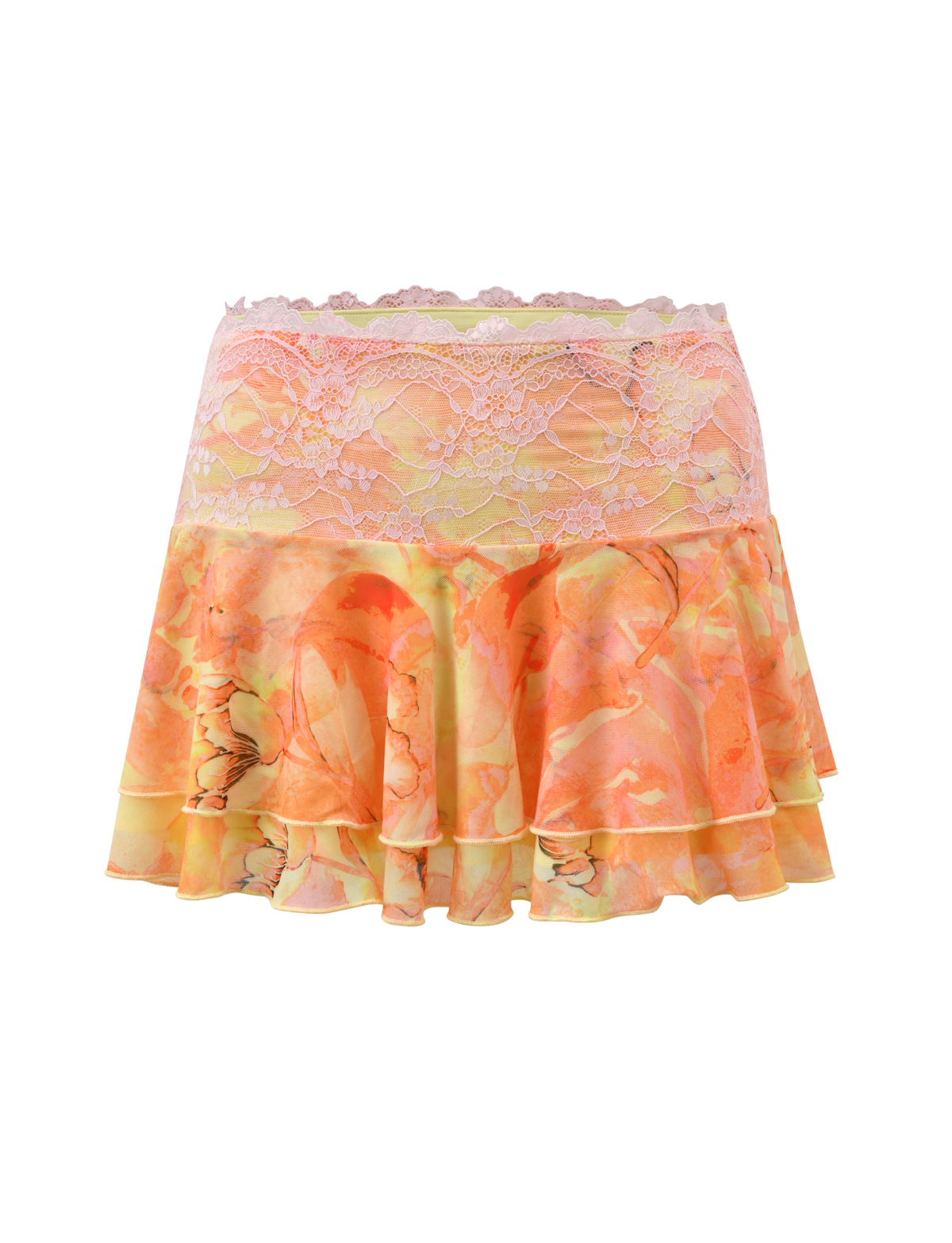 The TIGERMIST DUNE MESH SKIRT - CREAMSICLE, a peach and yellow watercolour floral mini with a lace waistband and layered ruffles, is displayed on a plain white background.