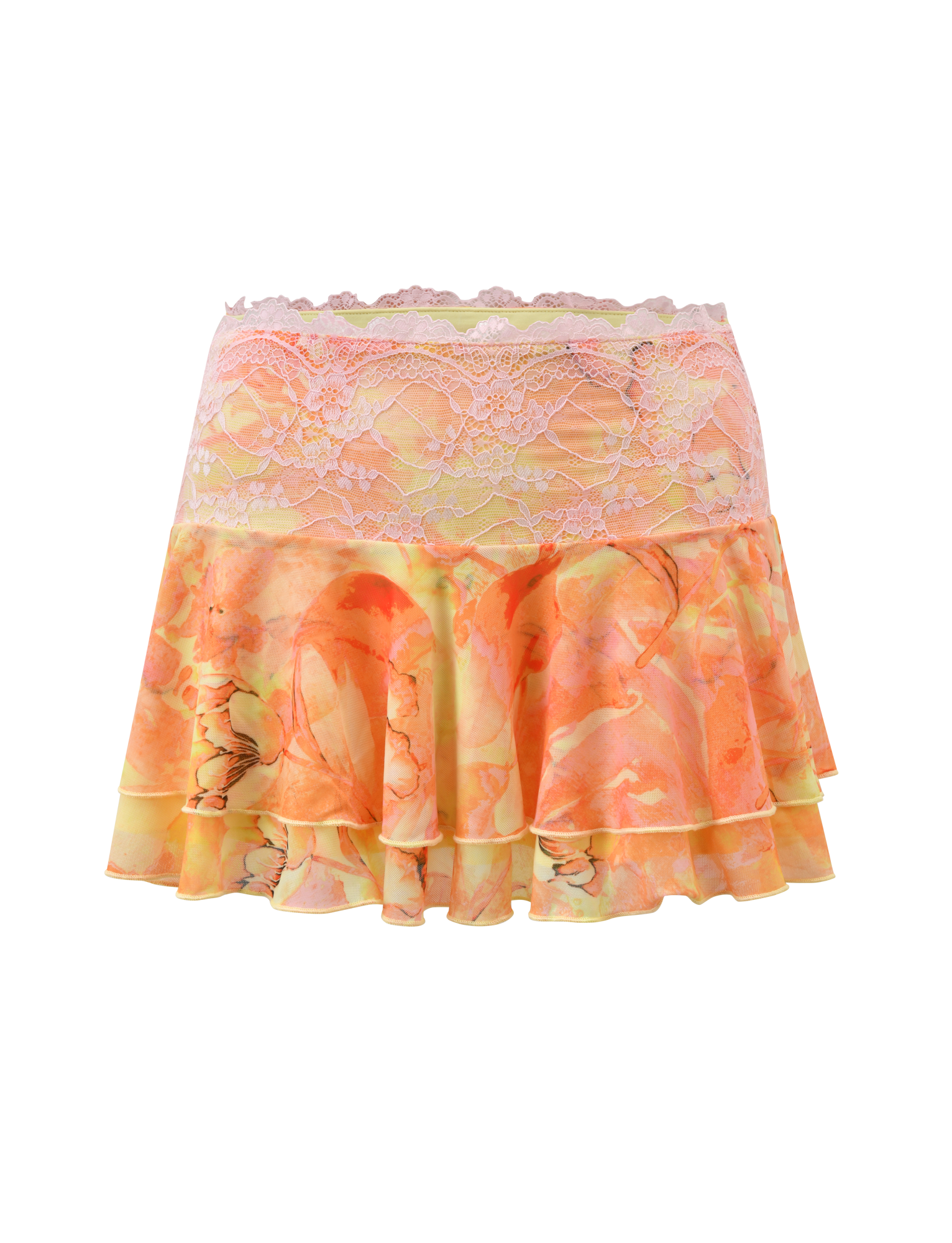 The TIGERMIST DUNE MESH SKIRT - CREAMSICLE, a peach and yellow watercolour floral mini with a lace waistband and layered ruffles, is displayed on a plain white background.