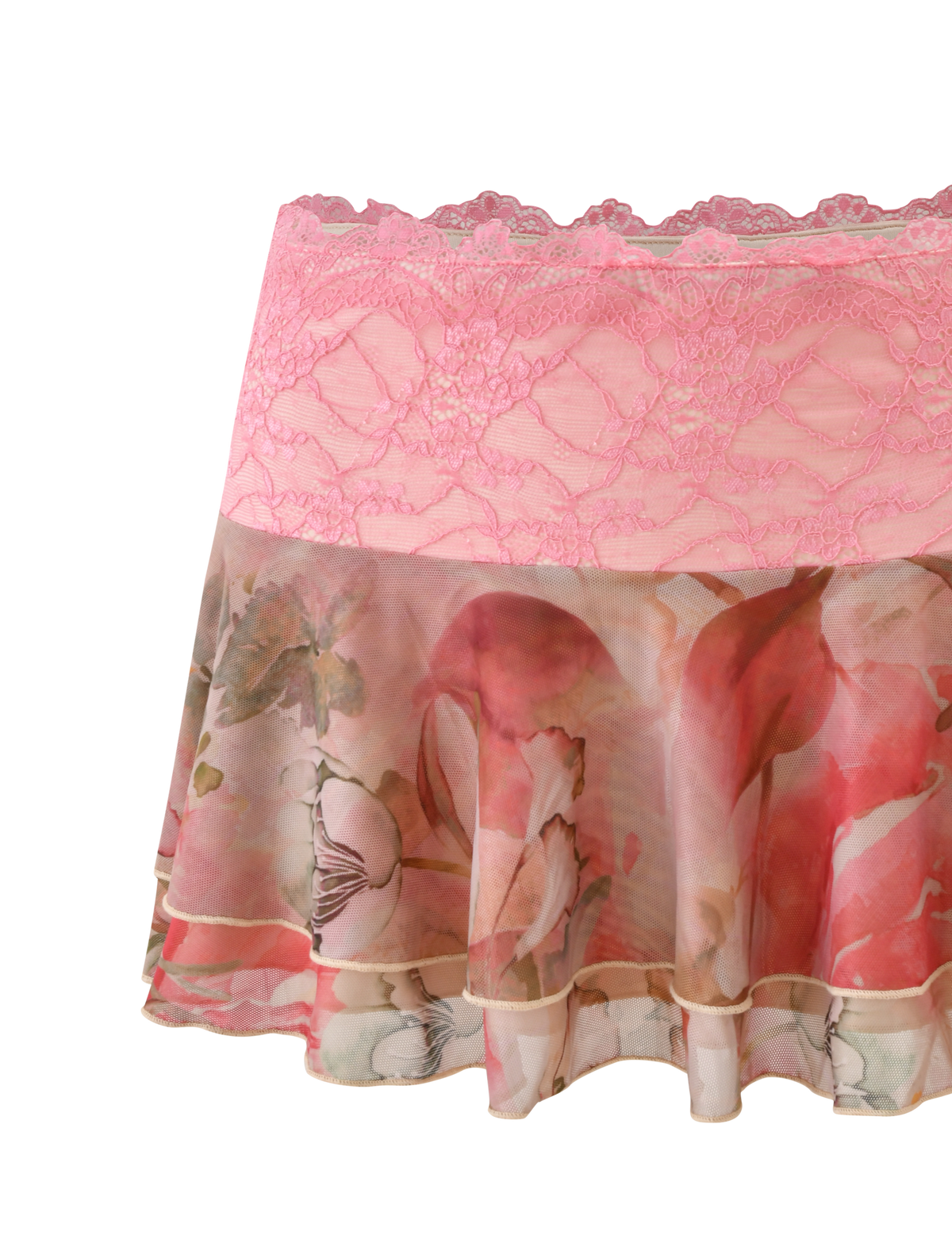 The TIGERMIST DUNE MESH MINI SKIRT - WATERCOLOUR FLORAL features a pink lace waistband, scalloped edging, and a sheer, flowing floral-patterned lower section.