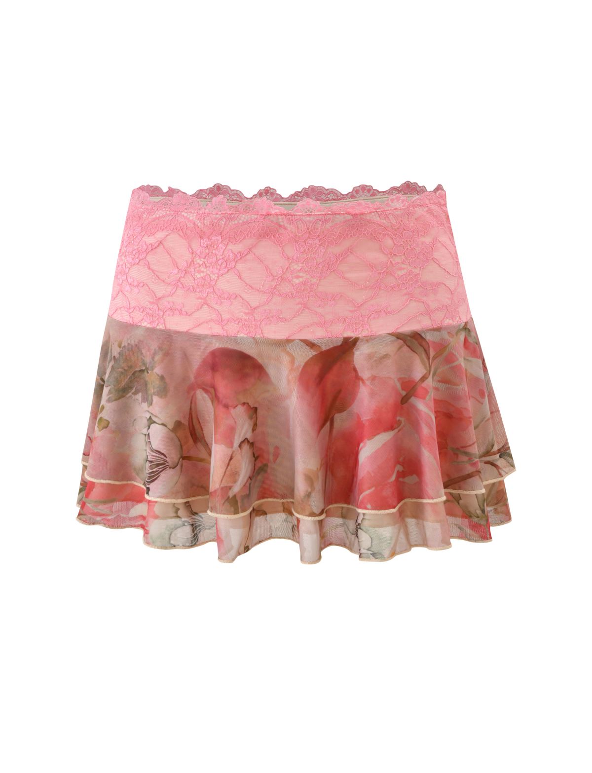 The DUNE MESH MINI SKIRT by TIGERMIST features a pink lace waistband, tiered mesh ruffle, and a sheer watercolour floral design with delicate pink and cream flowers for a feminine, elegant look.