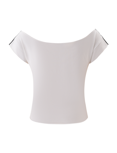 The TIGERMIST FYNN TEE - WHITE is a women's off-the-shoulder baseball tee with short sleeves and black trim on the sleeve edges, shown against a plain white background.