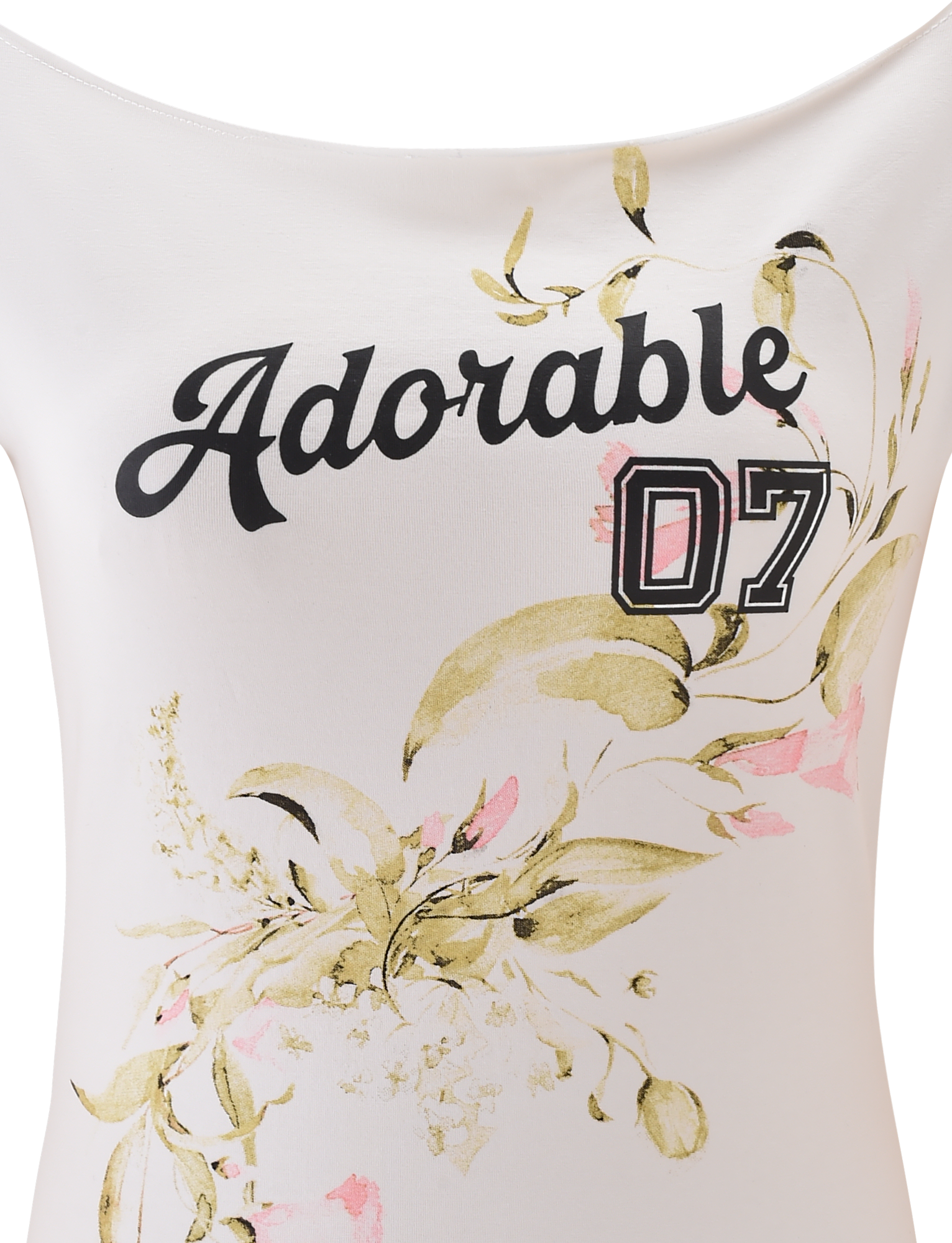 The FYNN TEE - WHITE by TIGERMIST is an off-shoulder baseball top featuring “Adorable 07” in bold script with a floral design of green leaves and pink flowers for a charming accent.