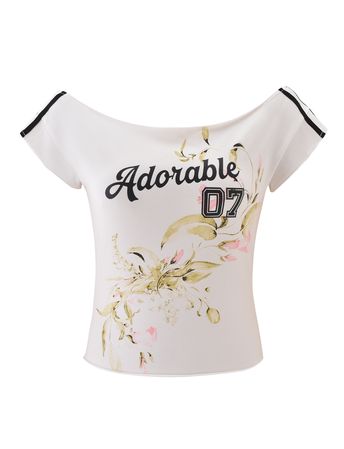 The FYNN TEE - WHITE by TIGERMIST is an off-shoulder baseball tee featuring "Adorable 07" in black and pink, plus light green and pink floral prints for a trendy floral graphic look.