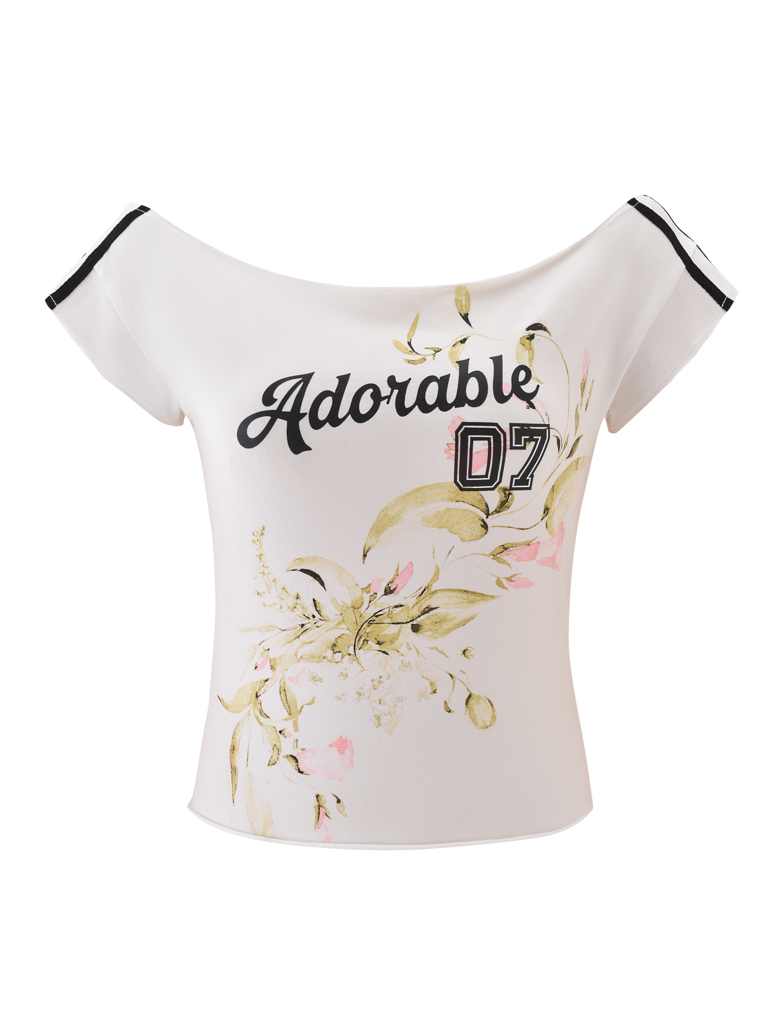 The FYNN TEE - WHITE by TIGERMIST is an off-shoulder baseball tee featuring "Adorable 07" in black and pink, plus light green and pink floral prints for a trendy floral graphic look.