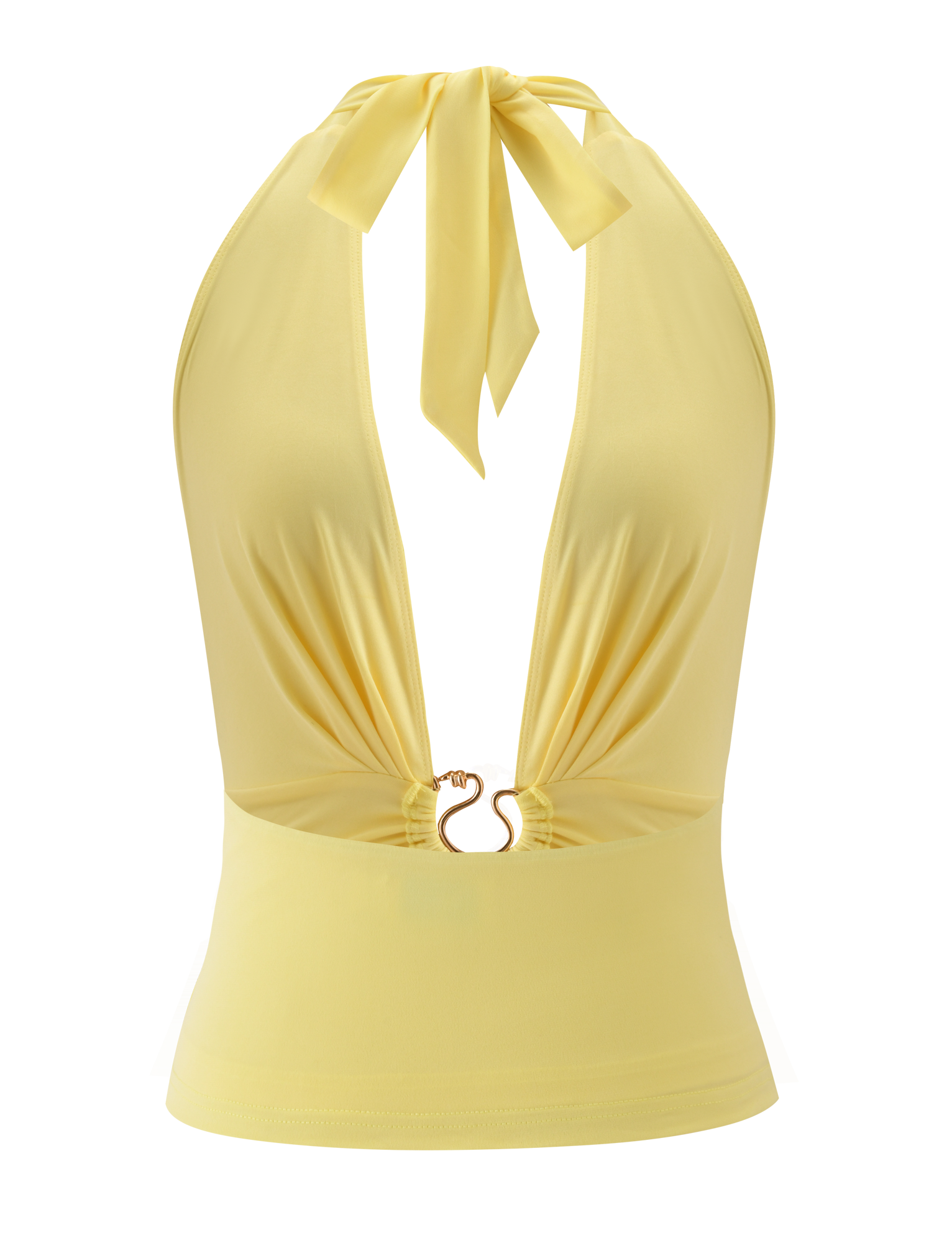 The BRIXTON TOP - BUTTER YELLOW by TIGERMIST is a halter neck top with gold hardware, deep V neckline, gathered bust, and a back tie closure for adjustable fit.