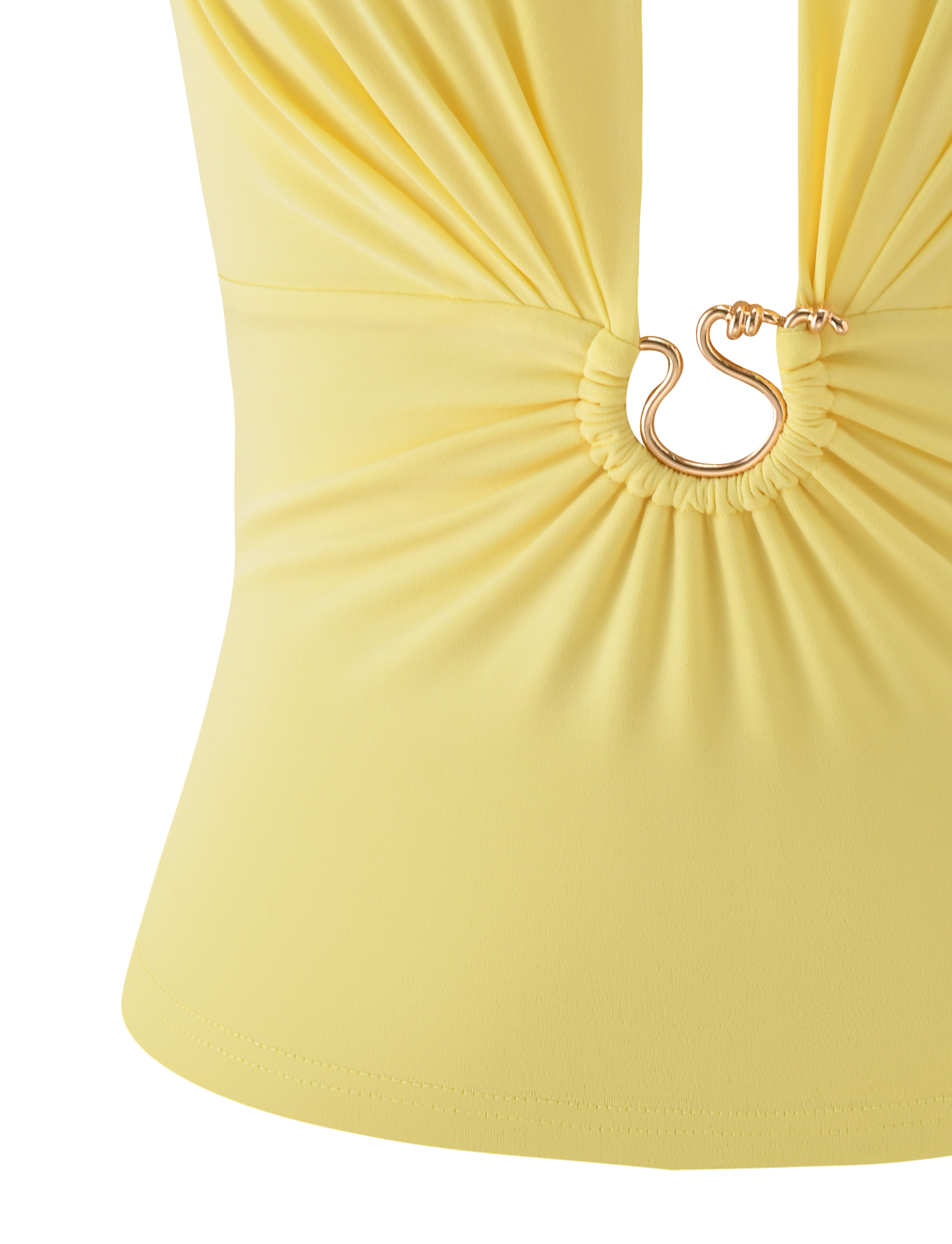 Close-up of the TIGERMIST BRIXTON TOP in butter yellow, featuring a halter neck and ruched center with an S-shaped gold clasp. The adjustable fit and circular detail add a modern edge against a white backdrop.