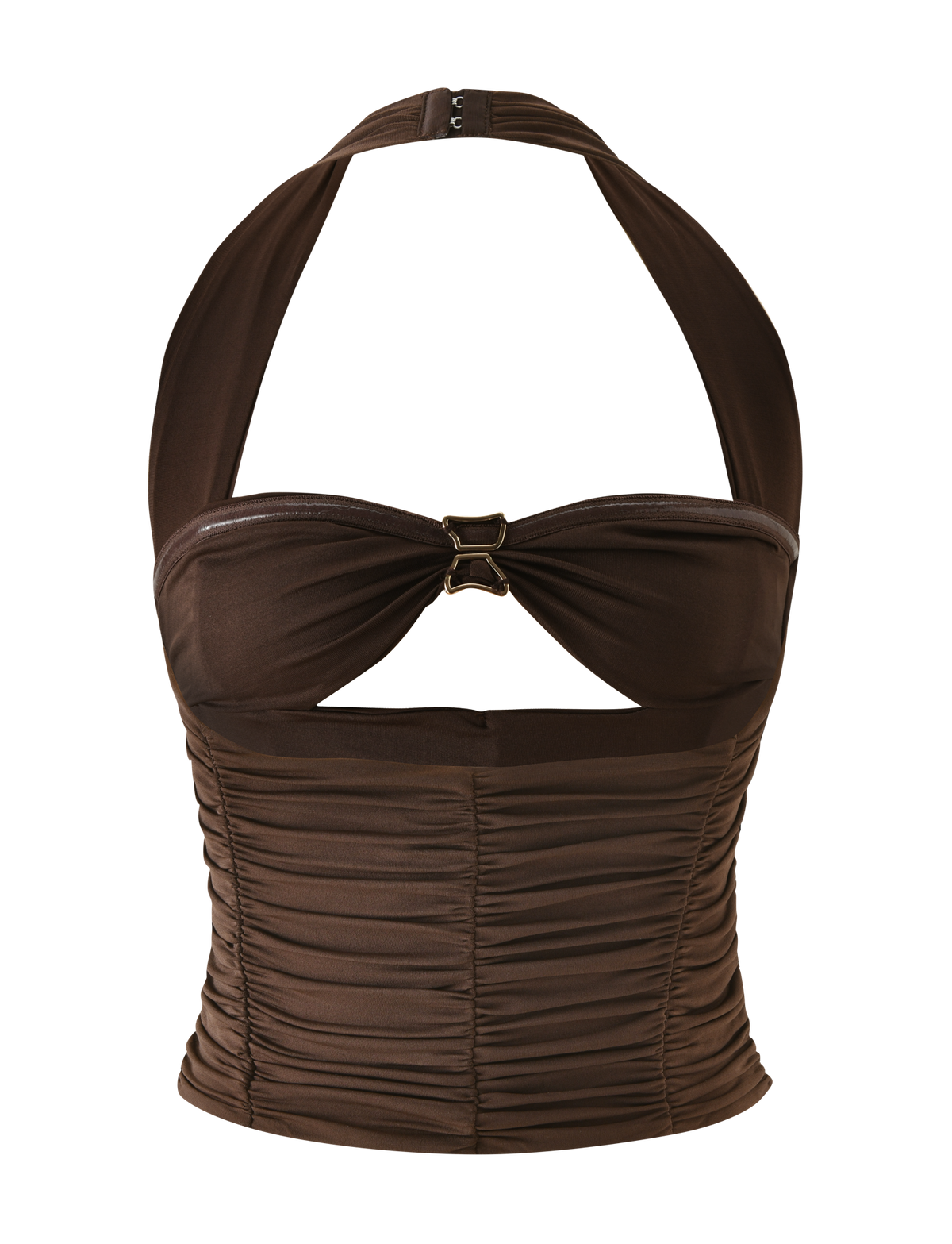 The TIGERMIST BRIALLEN TOP - CHOCOLATE is a brown halter top with a sweetheart neckline, central gold clasp, and a fitted ruched bodice for a flattering silhouette.