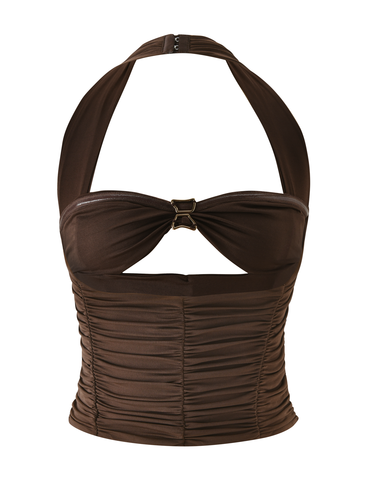 The TIGERMIST BRIALLEN TOP - CHOCOLATE is a brown halter top with a sweetheart neckline, central gold clasp, and a fitted ruched bodice for a flattering silhouette.