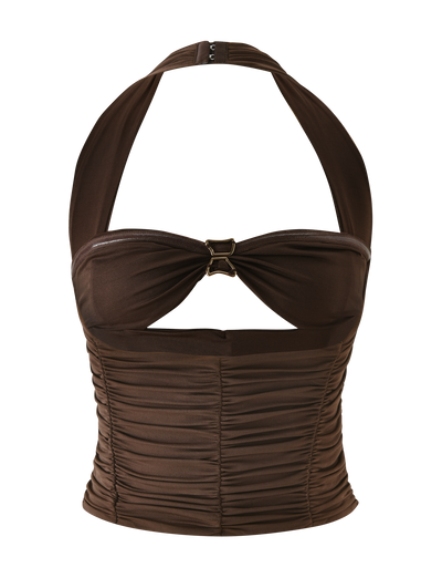 The TIGERMIST BRIALLEN TOP - CHOCOLATE is a brown halter top with a sweetheart neckline, central gold clasp, and a fitted ruched bodice for a flattering silhouette.