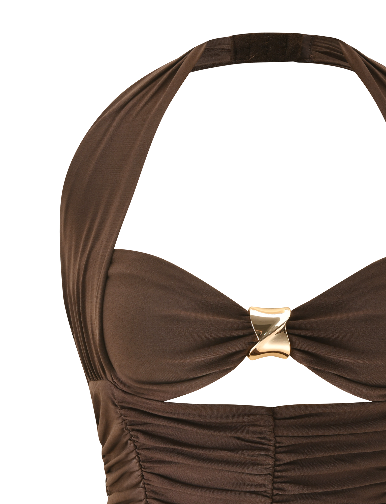 Close-up of the BRIALLEN TOP - CHOCOLATE by TIGERMIST, a brown halter top with a ruched front, sweetheart neckline, and gold square accent at the bust. Shown against a plain white background.