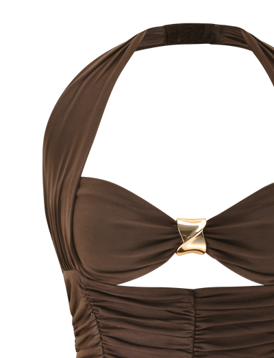 Close-up of the BRIALLEN TOP - CHOCOLATE by TIGERMIST, a brown halter top with a ruched front, sweetheart neckline, and gold square accent at the bust. Shown against a plain white background.