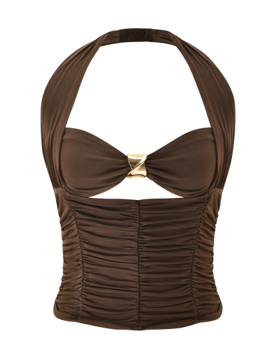 The BRIALLEN TOP - CHOCOLATE by TIGERMIST is a brown halter top featuring a ruched design, gold decorative center clasp, front cutout below the bust, and gathered detailing for a chic look.