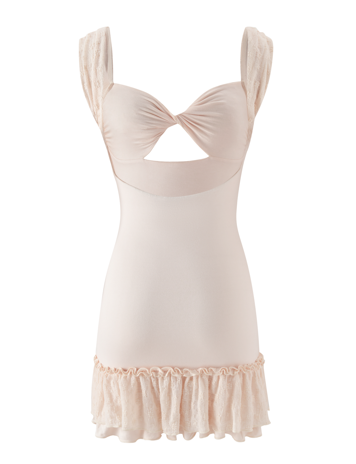 The TIGERMIST ASHBY MINI DRESS in cream features lace-trimmed straps, a twisted front, bust cutout, ruffle hem, and soft slightly sheer fabric with stretch lace details.