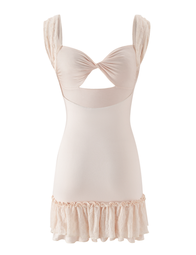 The TIGERMIST ASHBY MINI DRESS in cream features lace-trimmed straps, a twisted front, bust cutout, ruffle hem, and soft slightly sheer fabric with stretch lace details.