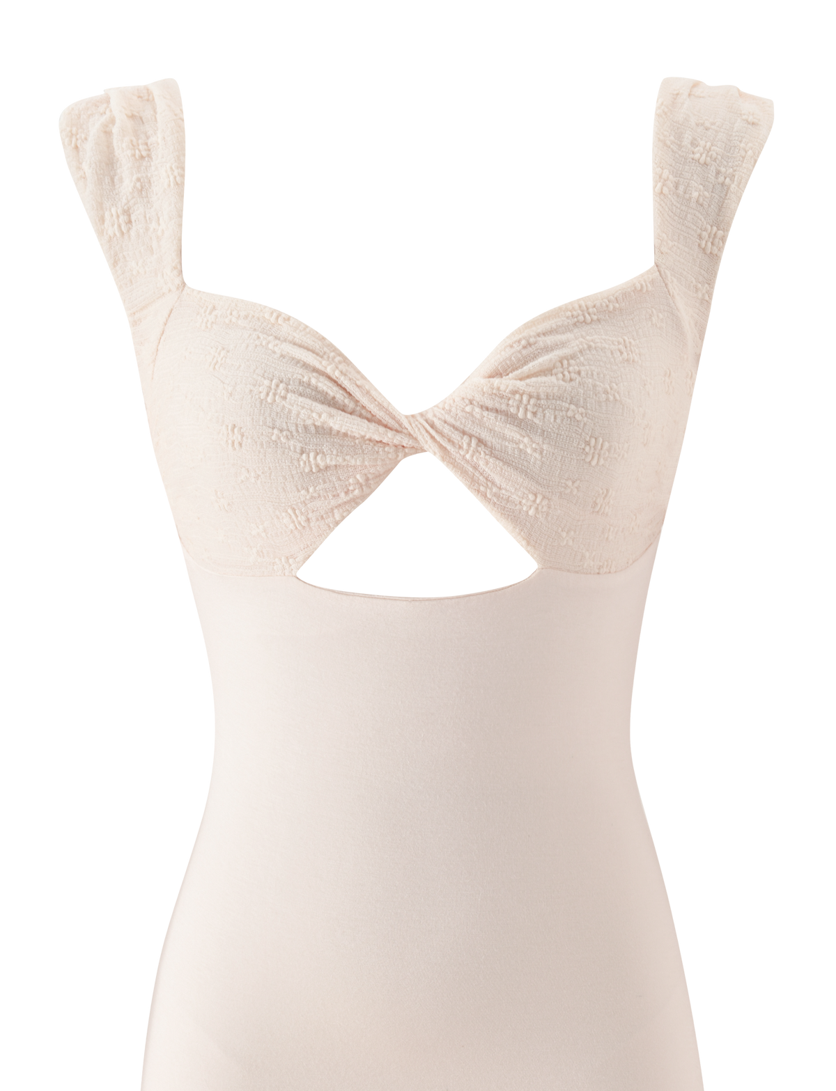 The TIGERMIST ASHBY MINI DRESS in cream is an A-line mini dress featuring textured, ruched straps, a twisted bust with a subtle pattern, and a small front cutout for added elegance.
