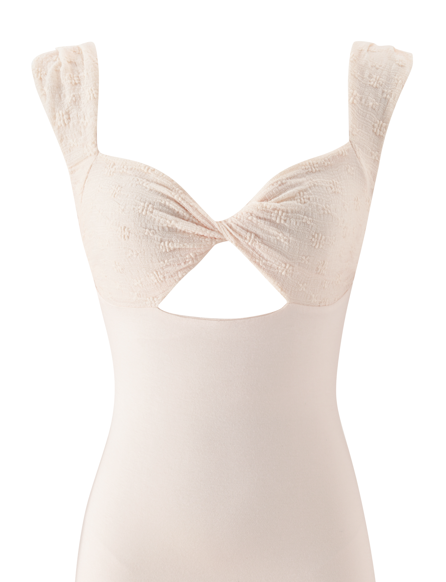The TIGERMIST ASHBY MINI DRESS in cream is an A-line mini dress featuring textured, ruched straps, a twisted bust with a subtle pattern, and a small front cutout for added elegance.