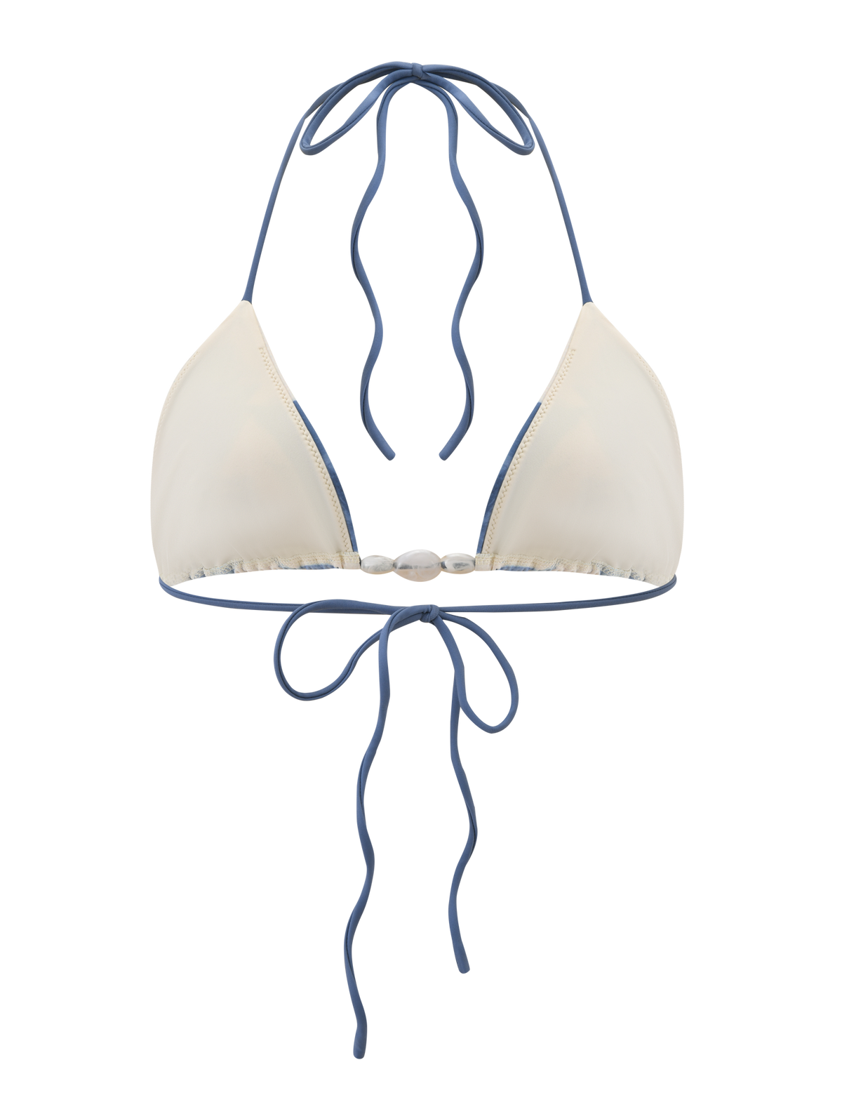 The CYLAS BIKINI TOP - INDIGO FLORAL by TIGERMIST is a cream floral bikini top with blue trim, halter neck ties, and a bow-tie back closure.