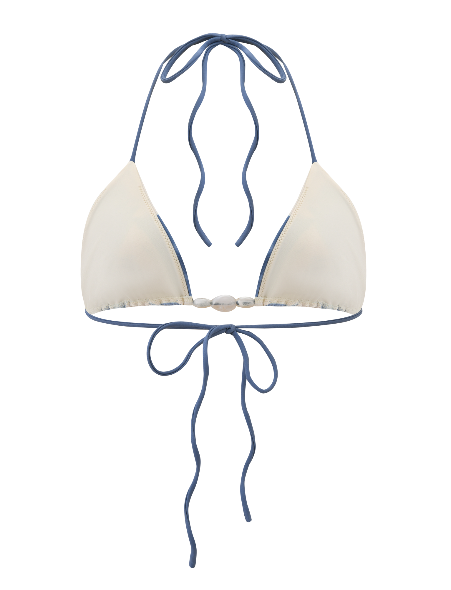 The CYLAS BIKINI TOP - INDIGO FLORAL by TIGERMIST is a cream floral bikini top with blue trim, halter neck ties, and a bow-tie back closure.