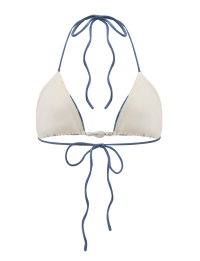 The CYLAS BIKINI TOP - INDIGO FLORAL by TIGERMIST is a cream floral bikini top with blue trim, halter neck ties, and a bow-tie back closure.