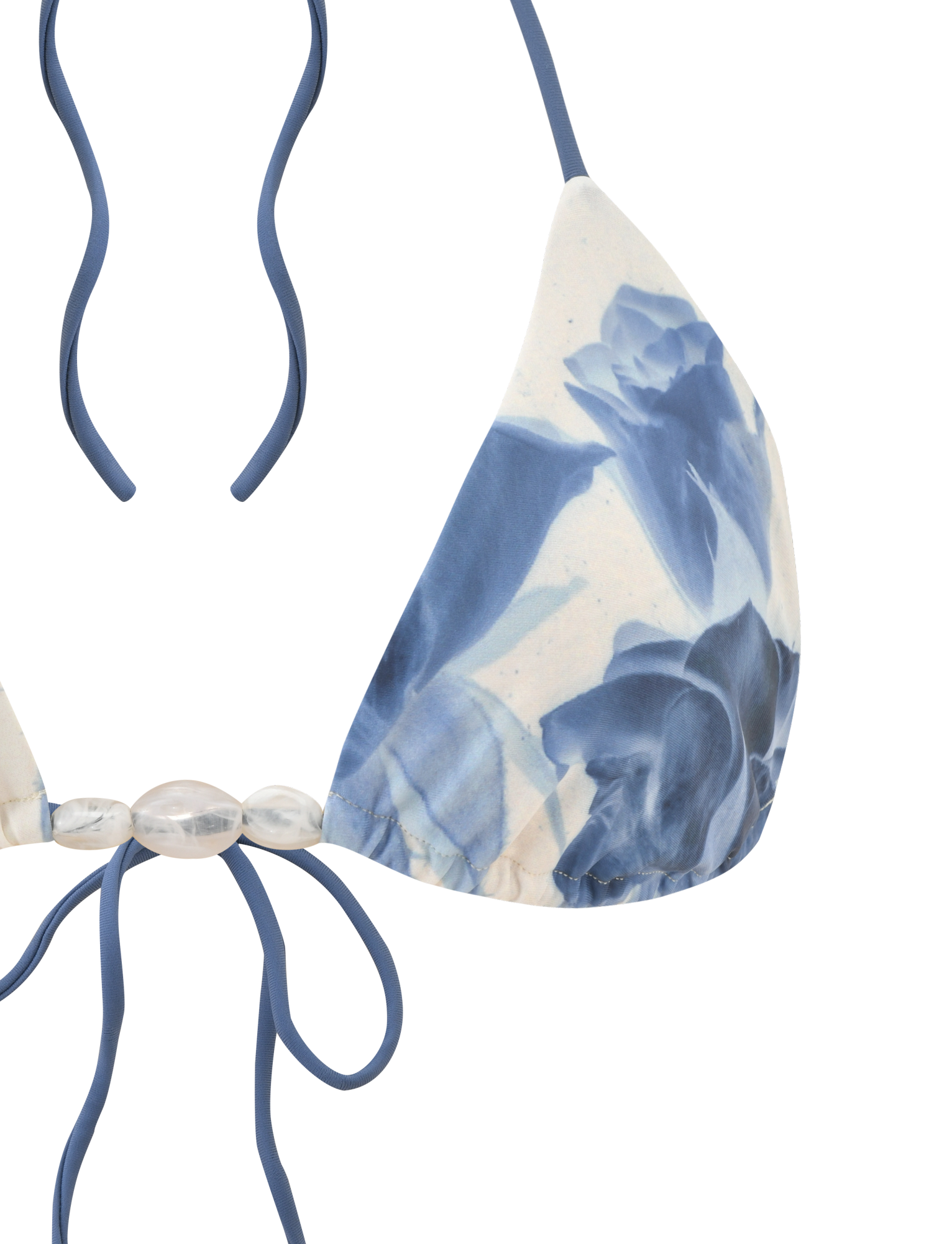 The TIGERMIST CYLAS BIKINI TOP in Indigo Floral features a halter neck, blue straps, blue and white floral design, and decorative translucent beads at the center.
