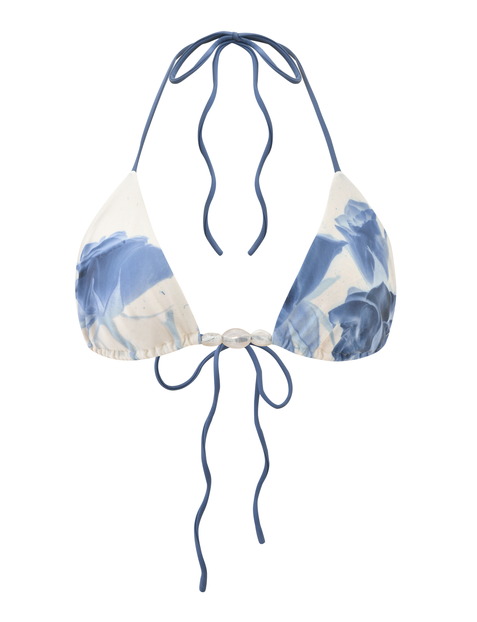 The TIGERMIST CYLAS BIKINI TOP - INDIGO FLORAL is a blue and white tie-dye halter neck bikini top with adjustable back ties and subtle rose design accents, shown on a plain background.