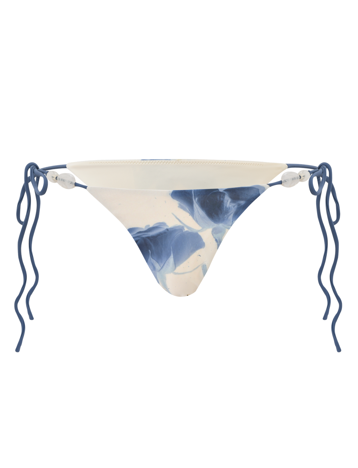 The TIGERMIST CYLAS BIKINI BOTTOM - INDIGO FLORAL features a blue and white marbled pattern with wavy blue side straps, offering a stylish update to classic florals. Shown against a white background.