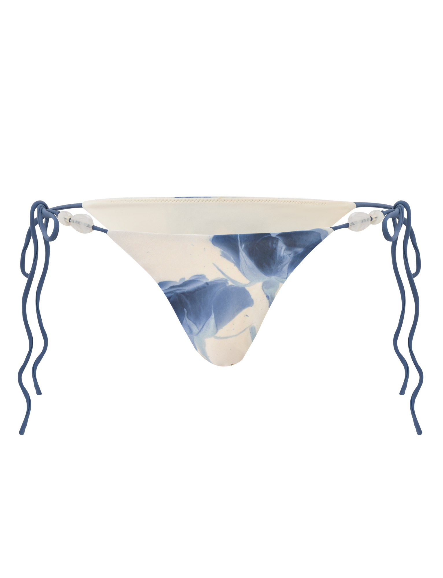 The TIGERMIST CYLAS BIKINI BOTTOM - INDIGO FLORAL features a blue and white marbled pattern with wavy blue side straps, offering a stylish update to classic florals. Shown against a white background.