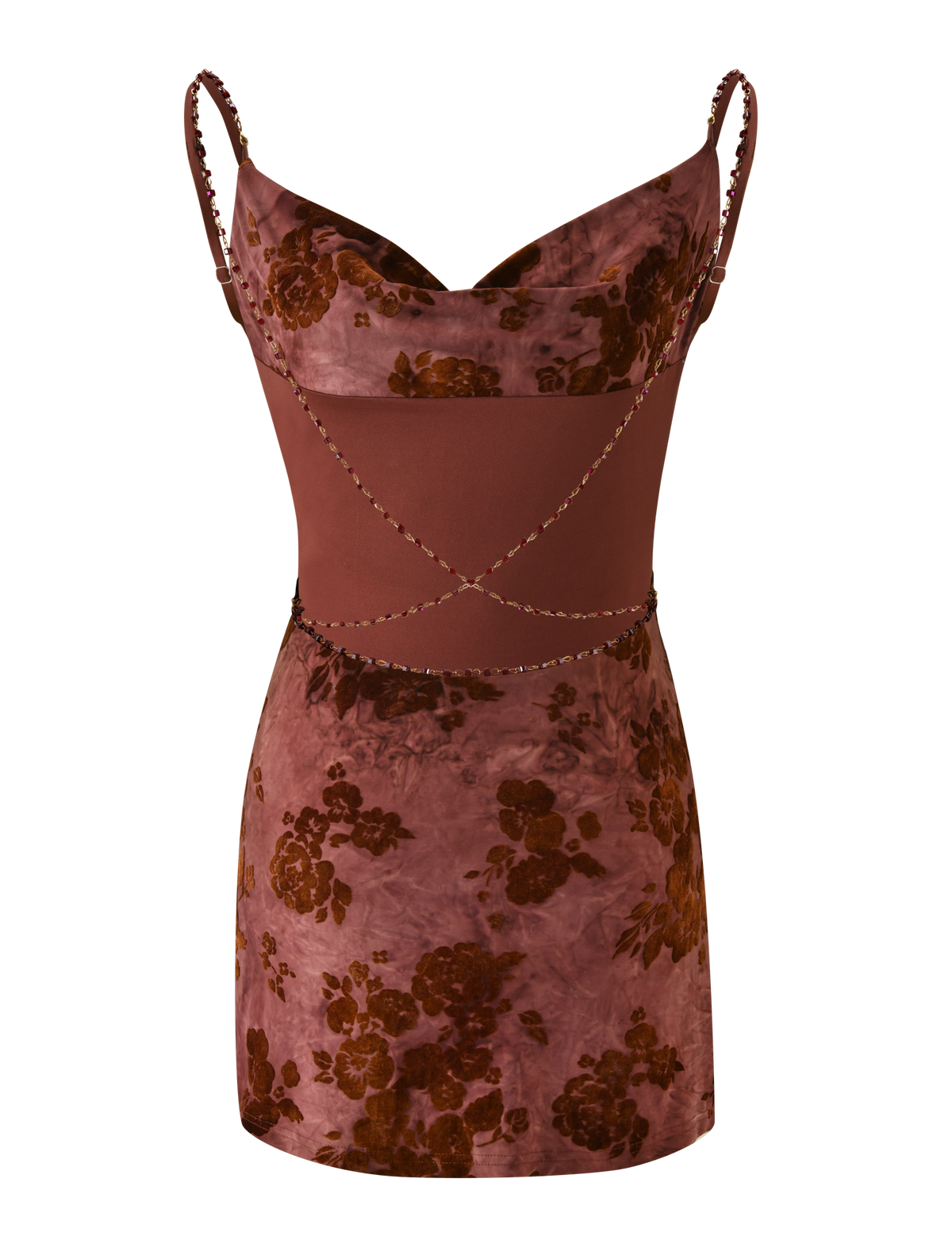 The SPARROW MINI DRESS - CHOCOLATE BURNOUT by TIGERMIST is a mauve velvet mini with thin beaded straps, a cowl neckline, brown floral patterns, crisscrossed beading at the waist, and a fitted silhouette for chic style.