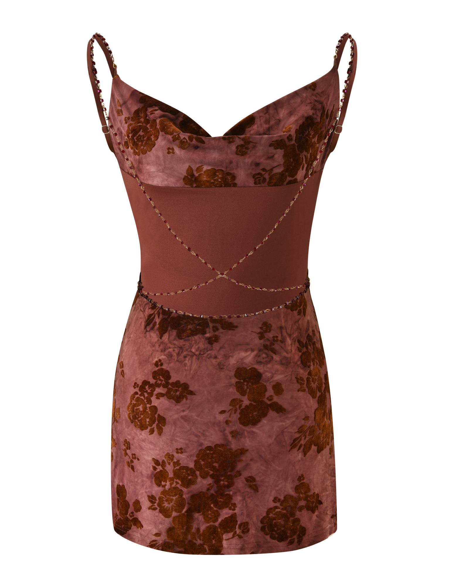 The SPARROW MINI DRESS - CHOCOLATE BURNOUT by TIGERMIST is a mauve velvet mini with thin beaded straps, a cowl neckline, brown floral patterns, crisscrossed beading at the waist, and a fitted silhouette for chic style.