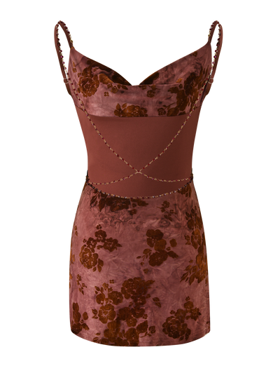 The SPARROW MINI DRESS - CHOCOLATE BURNOUT by TIGERMIST is a mauve velvet mini with thin beaded straps, a cowl neckline, brown floral patterns, crisscrossed beading at the waist, and a fitted silhouette for chic style.