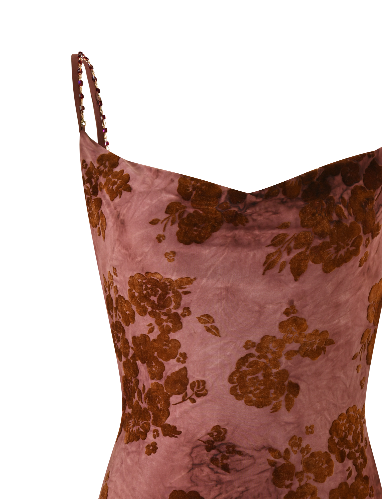 A close-up of the TIGERMIST SPARROW MINI DRESS - CHOCOLATE BURNOUT, showing thin straps and a pinkish-mauve base with brown floral burnout patterns. The strap features delicate decorative details.