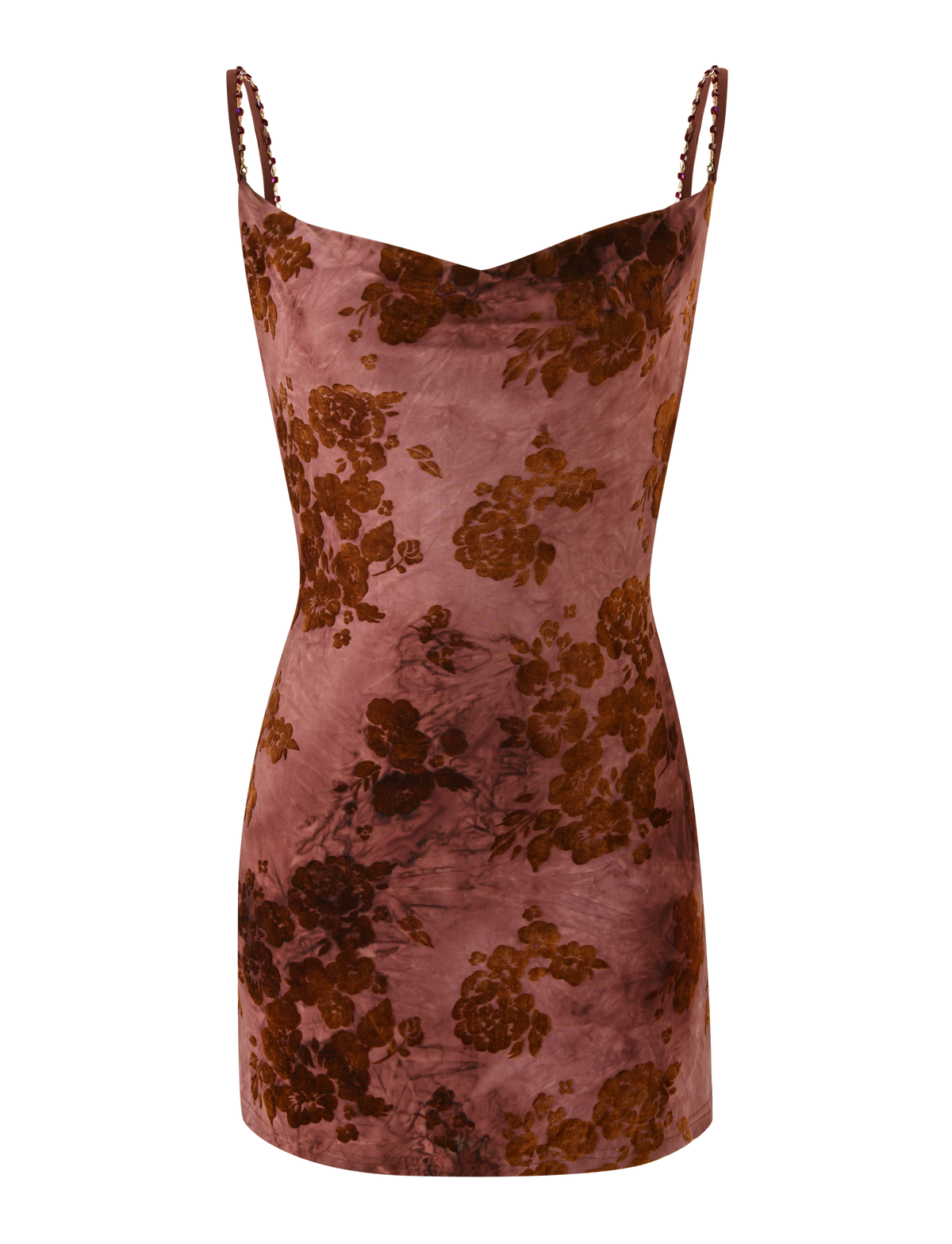 The TIGERMIST SPARROW MINI DRESS - CHOCOLATE BURNOUT is a sleeveless, fitted velvet mini with thin straps and a sweetheart neckline, featuring a maroon and brown floral pattern on a muted reddish-pink background.