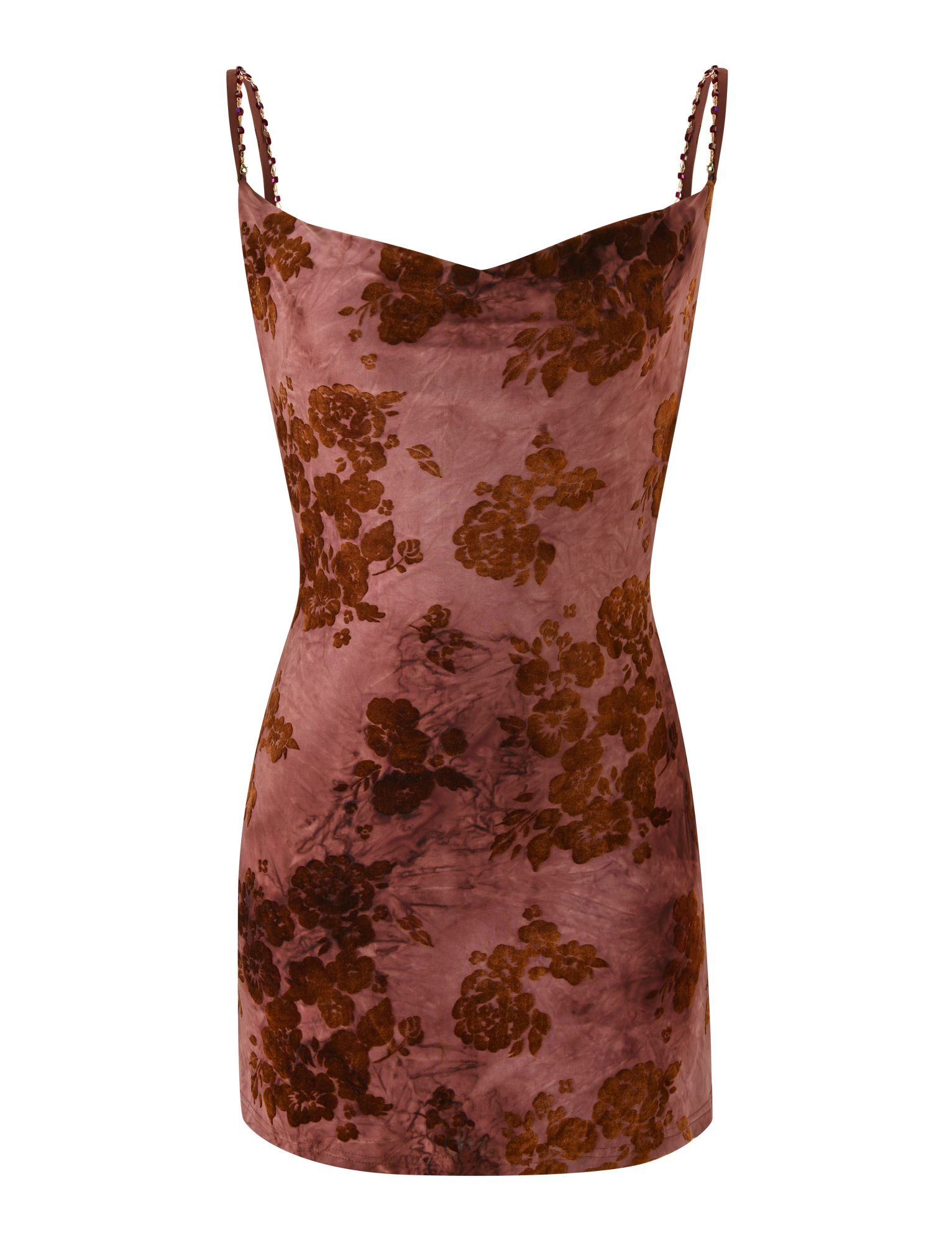 The TIGERMIST SPARROW MINI DRESS - CHOCOLATE BURNOUT is a sleeveless, fitted velvet mini with thin straps and a sweetheart neckline, featuring a maroon and brown floral pattern on a muted reddish-pink background.
