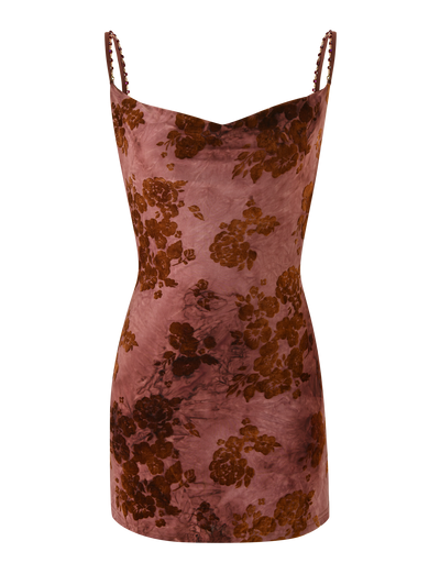 The TIGERMIST SPARROW MINI DRESS - CHOCOLATE BURNOUT is a sleeveless, fitted velvet mini with thin straps and a sweetheart neckline, featuring a maroon and brown floral pattern on a muted reddish-pink background.
