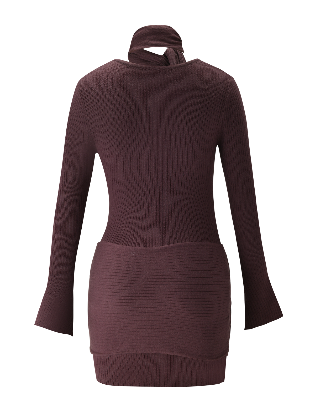 The RENNER MINI DRESS by TIGERMIST is a chocolate ribbed knit sweater dress with long sleeves, a fitted mini silhouette, and a distinctive high neckline featuring a removable scarf-like detail.