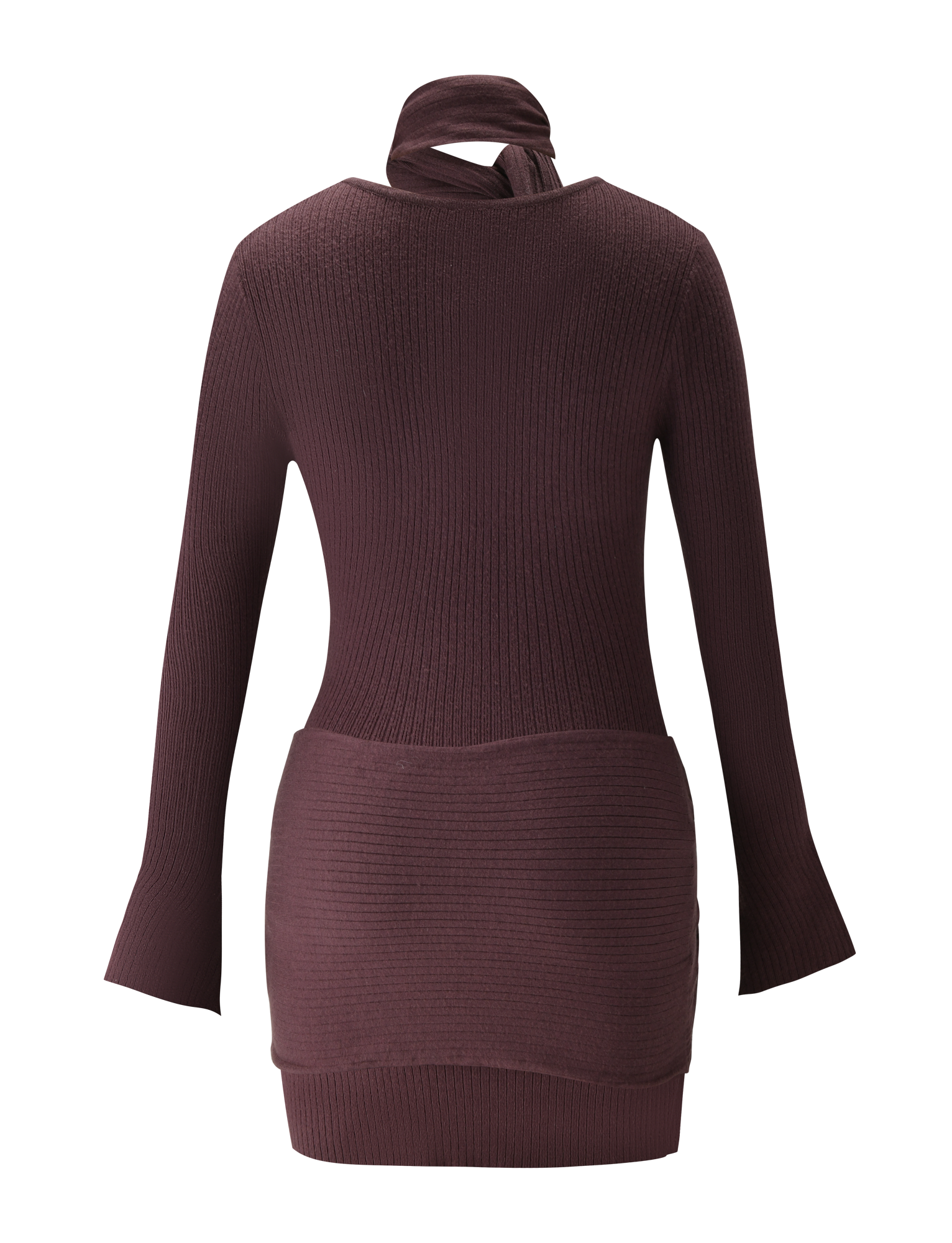 The RENNER MINI DRESS by TIGERMIST is a chocolate ribbed knit sweater dress with long sleeves, a fitted mini silhouette, and a distinctive high neckline featuring a removable scarf-like detail.