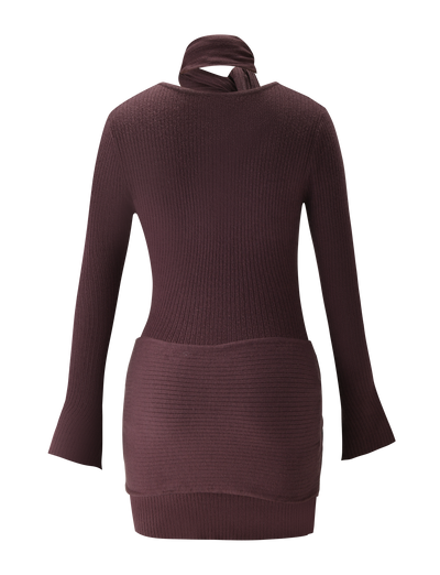The RENNER MINI DRESS by TIGERMIST is a chocolate ribbed knit sweater dress with long sleeves, a fitted mini silhouette, and a distinctive high neckline featuring a removable scarf-like detail.