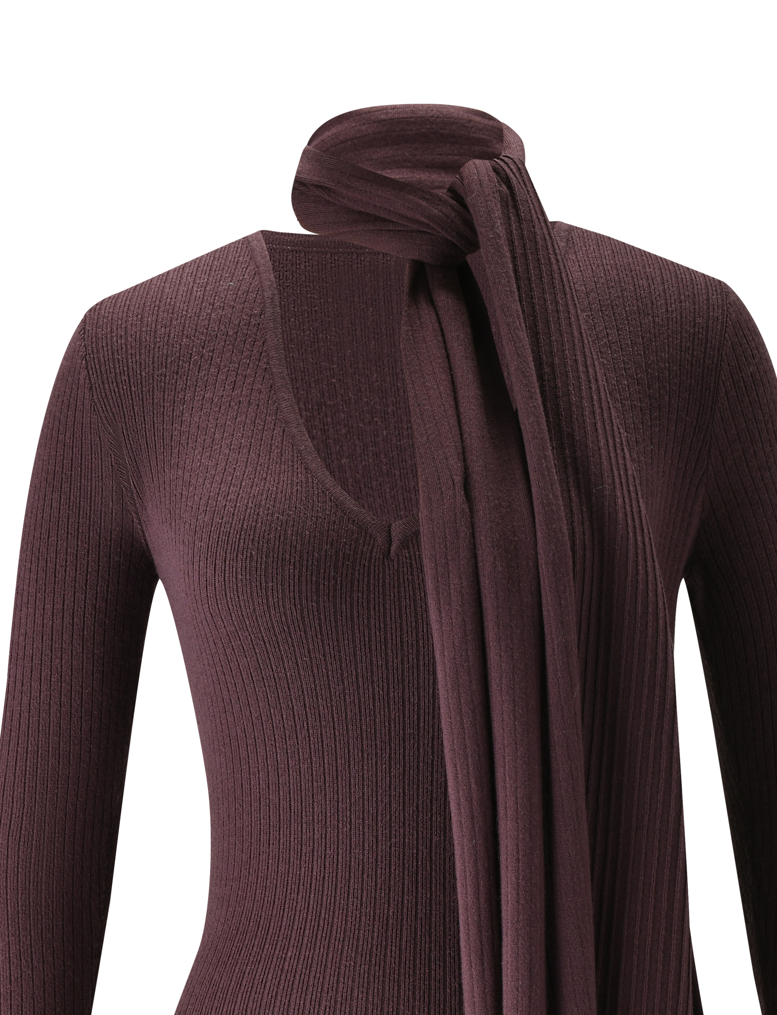 The RENNER MINI DRESS by TIGERMIST is a chocolate ribbed long sleeve knit sweater dress with a V-neckline and an attached matching scarf draped around the neck.
