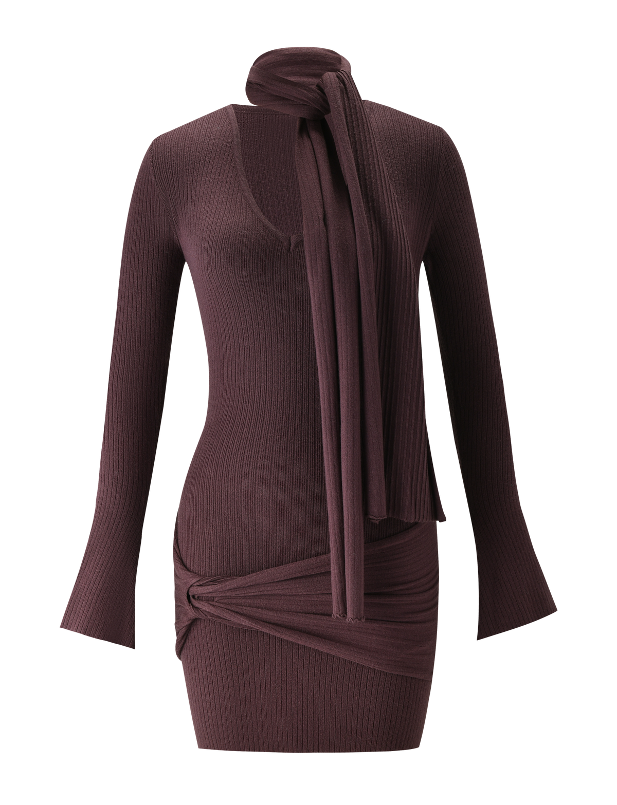 The TIGERMIST RENNER MINI DRESS in chocolate features long sleeves, a fitted silhouette, attached neck scarf, scoop neckline, and draped waist detail for a ruched effect on the short skirt.