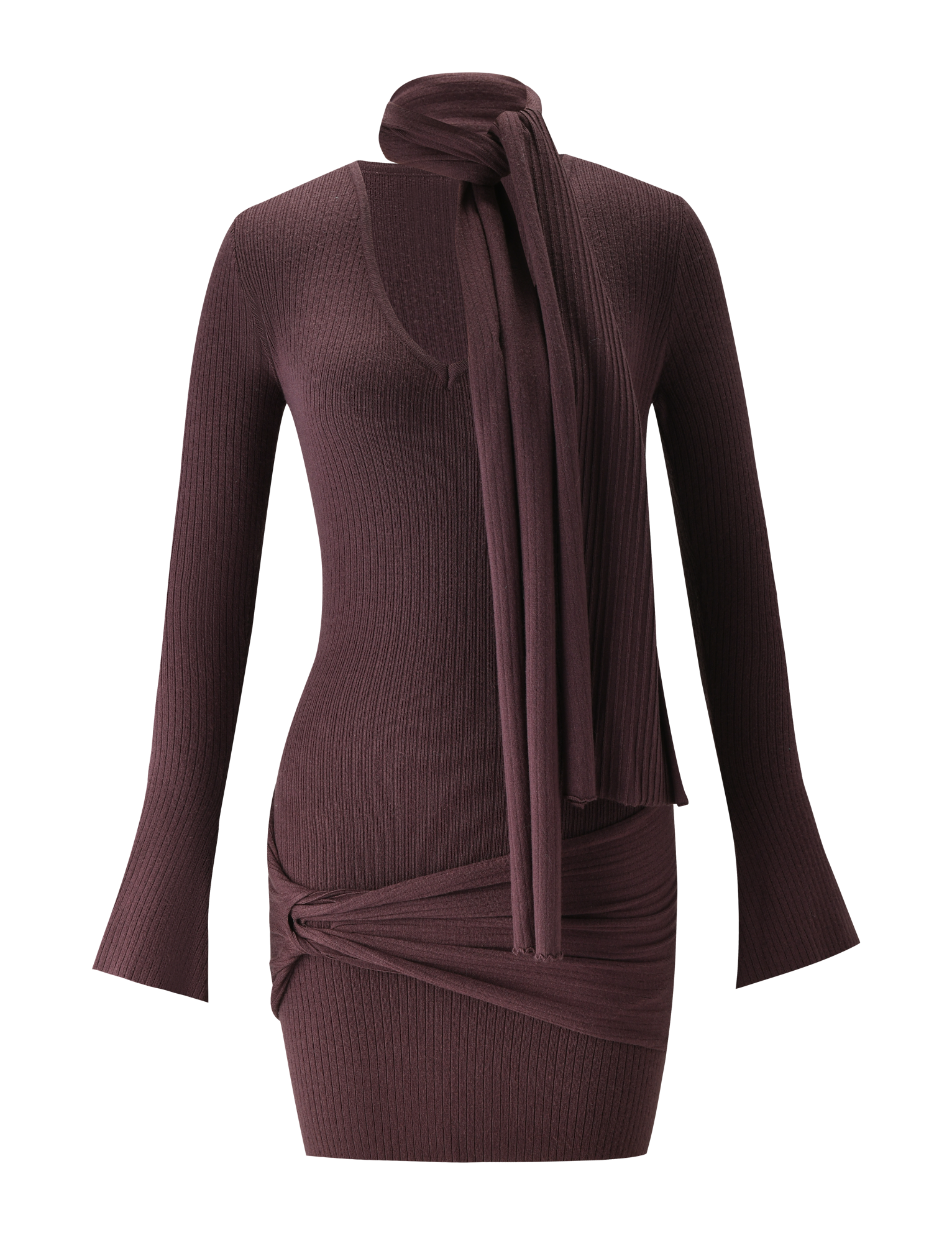 The TIGERMIST RENNER MINI DRESS in chocolate features long sleeves, a fitted silhouette, attached neck scarf, scoop neckline, and draped waist detail for a ruched effect on the short skirt.