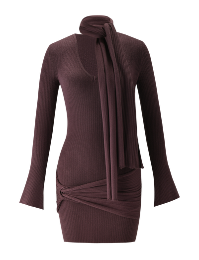 The TIGERMIST RENNER MINI DRESS in chocolate features long sleeves, a fitted silhouette, attached neck scarf, scoop neckline, and draped waist detail for a ruched effect on the short skirt.